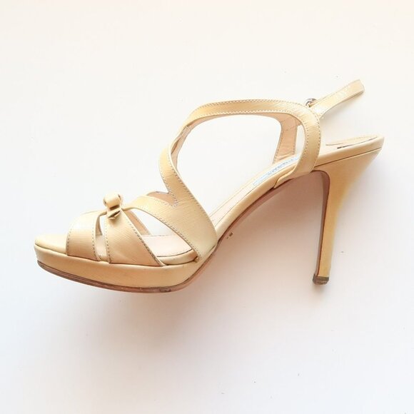 Prada Pale Yellow Patent Leather Strappy Platform Heels Sandals w Bow Size 7.5 - Picture 10 of 16